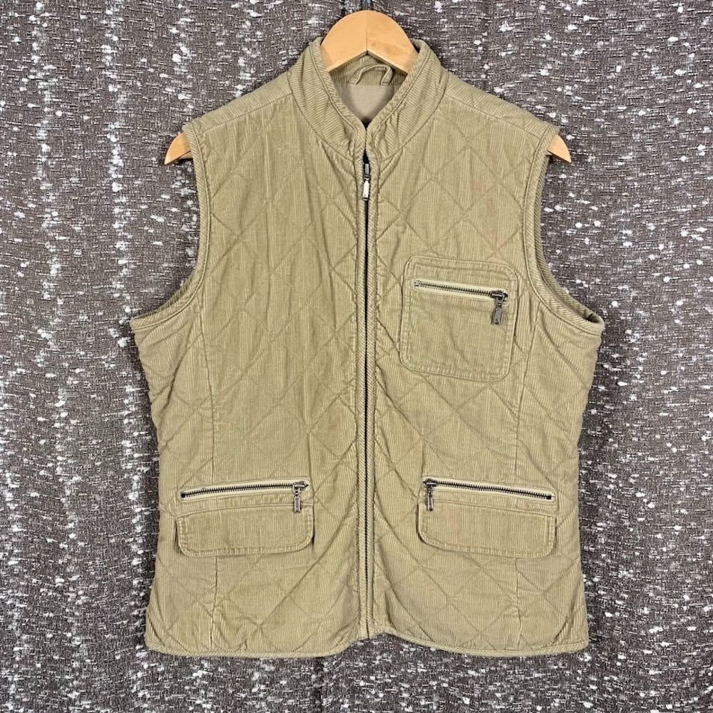 Eddie Bauer Tan Corduroy Quilted Full Zip Vest Granola Girl Cabin Women's Large